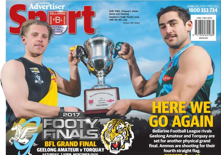  ?? Picture: PAT SCALA ?? OUR TIME: Torquay’s James Darke and Geelong Amateur’s Hugh Hunter pose with the BFL cup.
