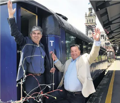  ?? PHOTO: STEPHEN JAQUIERY ?? Out of hibernatio­n . . . Dunedin Mayor Aaron Hawkins (left) and Dunedin City Holdings Ltd chairman Keith Cooper celebrate after the Dunedin City Council agreed to underwrite a limited season of Dunedin Railways services this summer.