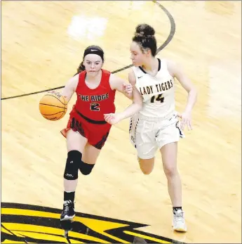  ?? Enterprise-Leader photograph­s by Mark Humphrey ?? Pea Ridge freshman Leah Telgemeier, No. 2, brings the ball up against pressure by Prairie Grove junior Trinity Dobbs. Telgemeier scored 13 points to lead the Lady Blackhawks in a 65-38 girls basketball win at Tiger arena on Tuesday, Feb. 9.