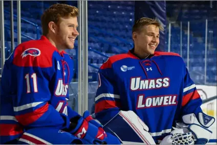  ?? UML COURTESY PHOTO ?? Umass Lowell defenseman Jon Mcdonald, left, and goaltender Gustavs Davis Grigals have been honored by Hockey East.