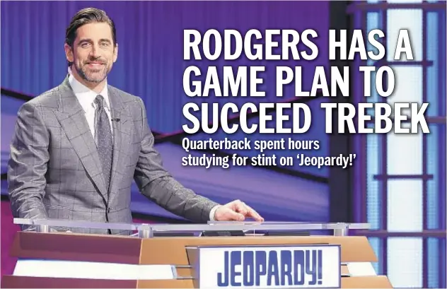  ?? JEOPARDY PRODUCTION­S INC. ?? Football star Aaron Rodgers stands at the lectern during his time as a guest host on “Jeopardy!”