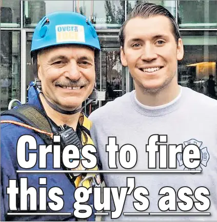  ??  ?? ‘DOUBLE STANDARD’: FDNY members are hot that Joe Cassano (right), son of former Fire Commission­er Sal Cassano (left), was rehired after resigning in the wake of posting racist statements online.