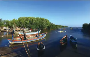  ?? ?? UNTUK KELILING: Deretan perahu di bibir Pantai Tugu ini bisa digunakan wisatawan untuk berkelilin­g ke hutan mangrove maupun ke tengah laut.