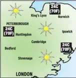  ??  ?? TOMORROW: Early mist should burn away to leave long, warm, sunny periods. Max temp: 24C (75F)