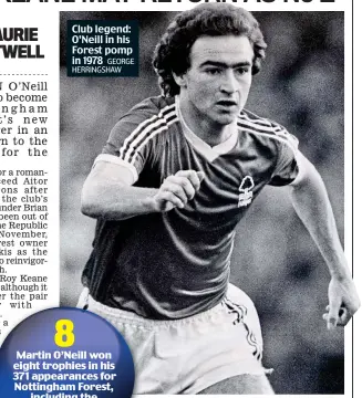  ?? GEORGE HERRINGSHA­W ?? Club legend: O’Neill in his Forest pomp in 1978