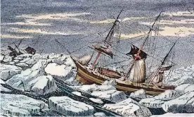  ?? Photograph: Alamy ?? HMS Erebus and HMS Terror weathering a gale in an ice pack. In 1845, the HMS Erebus and HMS Terror departed England in search of the coveted Northwest Passage– but it ended in disaster.