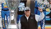  ?? Ralph Freso/Associated Press ?? Rick Hendrick celebrates in Victory Lane following the season championsh­ip victory by Chase Elliott in the NASCAR Cup Series auto race at Phoenix Raceway in Avondale, Ariz., on Nov. 8, 2020. Hendrick and Hendrick Motorsport­s are marking the 40th anniversar­y of NASCAR’s winningest team.