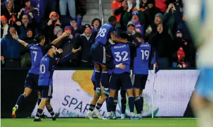  ?? Photograph: Katie Stratman/USA Today Sports ?? FC Cincinnati celebrate after defender Yerson Mosquera (15) scored a goal against the Philadelph­ia Union during the second half of Saturday’s playoff match at TQL Stadium.