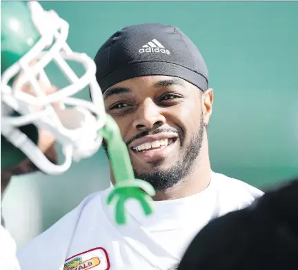  ?? TROY FLEECE ?? Former NFL running back Trent Richardson, selected third overall in the 2012 NFL draft by the Cleveland Browns, has joined the Roughrider­s and practised with the team for the first time on Tuesday.