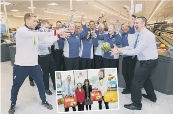  ??  ?? Olympian Sam Cross and David Graham store manager, right, with the team cheering at the new Aldi store in Washington. Inset, David Graham with, from competitio­n winner Alex Cooper, 11 , Albany Primary School head teacher Christine Brown and Sam Cross.