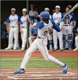  ?? Lori Van Buren / Times Union ?? Shaker’s Tommy Case hits the ball against Columbia in their Class AA semifinal at Shuttlewor­th Park.