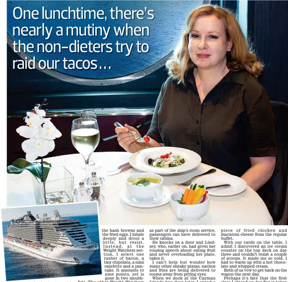 ?? Pictures: ALLANA WESLEY WHITE / MSC / IVAN SARFATTI ?? Light lunch: Claudia tucks in to a Weight Watchers meal. Below: The MSC Seaside