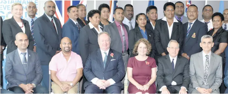  ?? Photo: Ronald Kumar ?? Sitting front left: Fiji Revenue & Customs Service chief executive officer Visvanath Das, Human Rights and Anti-Discrimina­tion Commission director Ashwin Raj, Director of Public Prosecutio­ns Christophe­r Pryde, British High Commission­er to Fiji Melanie...