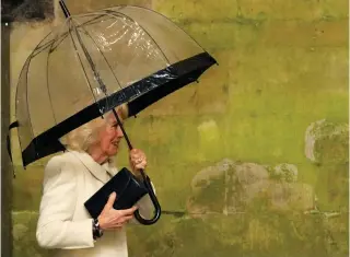 ?? Photo by Kirsty Wiggleswor­th / POOL / AFP ?? Britain’s Queen Camilla holds her umbrella as she arrives for a Musical Evening at Salisbury Cathedral, in Salisbury, England, on February 8, 2024, to celebrate the work of local charities.