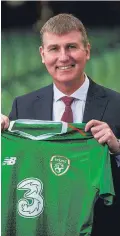  ??  ?? Getting shirty: Stephen Kenny is unveiled as new U21 boss