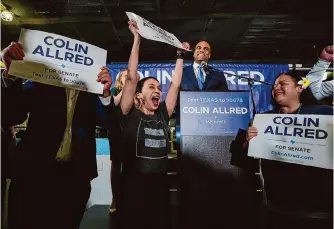  ?? Julio Cortez/associated Press ?? Supporters of U.S. Rep. Colin Allred, D-texas, react Tuesday during an election night gathering in Dallas after he clinched the Democratic primary for U.S. Senate.