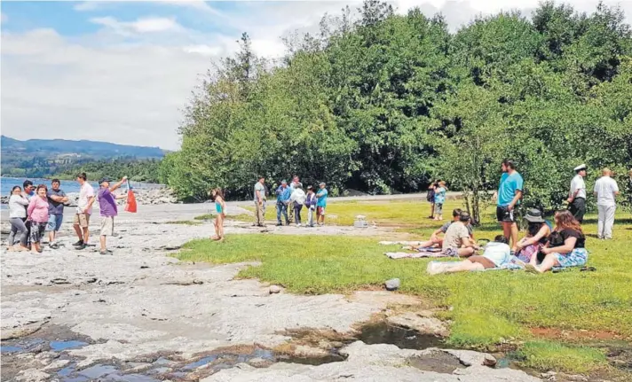  ??  ?? Ayer llegaron autoridade­s de gobierno y del municipio, efectivos de la Armada y visitantes curiosos al lugar del lago Ranco donde ocurrió el incidente.