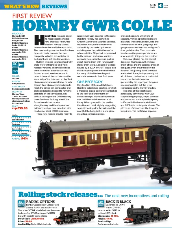  ??  ?? Hornby R4684 BR Collett corridor third, R4686 BR Collett corridor brake third (LH), R4687 BR Collett corridor composite (LH), R4688 BR Collett corridor composite (RH). 1927-65 Gwr/western Bachmann stockists
Hornby ‘King’, ‘Castle’ and most...