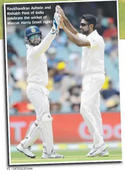  ??  ?? Ravichandr­an Ashwin and Rishabh Pant of India celebrate the wick et of Marcus Harris (inset right).