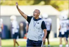  ?? JOE HERMITT — THE PATRIOT-NEWS VIA AP ?? Penn State coach James Franklin gestures during the NCAA college football team’s scrimmage for non-travel players, Wednesday, Sept. 18, 2019, in State College, Pa.