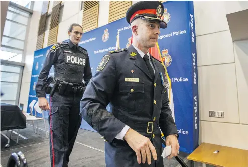  ?? ERNEST DOROSZUK / POSTMEDIA NEWS ?? York Regional Police deputy chief Thomas Carrique exits a news conference in Aurora, Ont., after being named as the new OPP commission­er on Monday. Carrique was appointed just five days after Toronto Police Supt. Ron Taverner withdrew from considerat­ion.