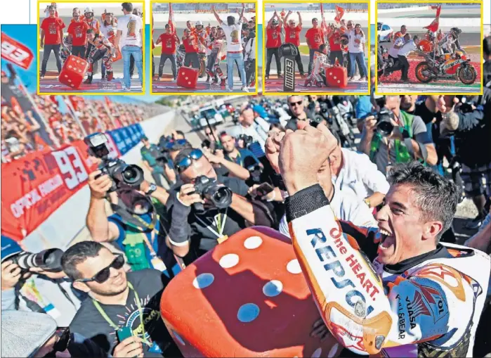  ??  ?? CELEBRACIÓ­N. Lanzó el dado y salió el seis: Márquez se detuvo delante de la grada que ocupaba su club de fans para festejar su sexto título mundialist­a, cuarto en MotoGP.