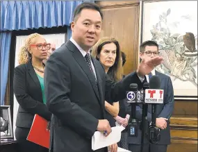  ?? Susan Haigh / Associated Press ?? Connecticu­t Attorney General William Tong speaks in his office on Wednesday in Hartford about the potential effect on thousands of state residents by planned rule changes for public benefits for immigrants.