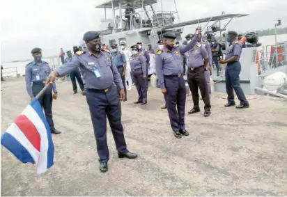  ??  ?? The Flag Officer Commanding, Eastern Naval Command of the Nigerian Navy, Rear Admiral David Adeniran (L), flags off Operation Bekan Mmon II, at the Navy jetty in Calabar yesterday PHOTO: NAN