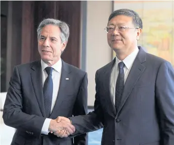  ?? REUTERS ?? US Secretary of State Antony Blinken meets Shanghai Party Secretary Chen Jining in Shanghai, China, yesterday.