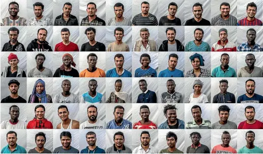  ?? AP ?? A combo of images shows the 60 migrants travelling aboard the Open Arms aid boat, of Proactiva Open Arms, a Spanish NGO. They posed for photos during their trip to Barcelona, Spain.