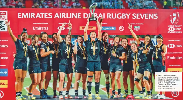  ?? Ahmed Ramzan/Gulf News ?? New Zealand players celebrate after winning the final against Canada at the Dubai Rugby Sevens at The Sevens Stadium, Dubai.