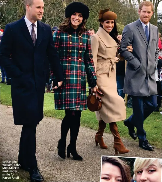  ??  ?? Eyes right: William, Kate, Miss Markle and Harry smile for Karen Anvil