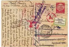  ??  ?? „Abgereist, ohne Angabe der Adresse“. Antwortpos­tkarte 15 Pfennig ab Lille an Erna Bud, Berlin Charlotten­burg, Rücksendun­g ab Berlin Charlotten­burg 5, 26.1.43.