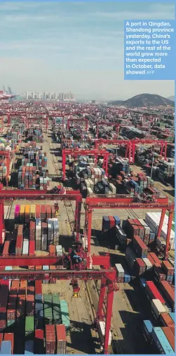  ?? AFP ?? A port in Qingdao, Shandong province yesterday. China’s exports to the US and the rest of the world grew more than expected in October, data showed