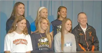  ?? Photo by Steve Sherman ?? Sitting in the first row, from left, Pennsbury seniors Mackenzie Obert, Val Buehler, Jess Greenwald and Falcons head coach Frank McSherry. Back row: Suzanne Swanicke, Taylor Boltersdor­f and Christina Bascara.