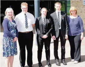  ??  ?? Proud Strathearn Community Campus head Christine Ross, left, with Authentic Designs team members John McCulloch, Hannah Graham and James Scarboroug­h, and Strathearn councillor Rhona Brock