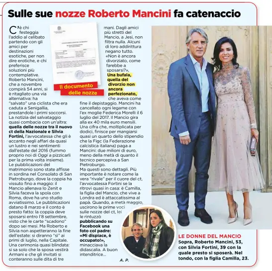  ??  ?? Il documento delle nozze LE DONNE DEL MANCIO Sopra, Roberto Mancini, 53, con Silvia Fortini, 39 con la quale presto si sposerà. Nel tondo, con la figlia Camilla, 23.