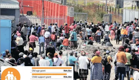  ?? PHOTO: TRACEY ADAMS ?? People queue at a pension payout point in Khayelitsh­a Site B near Cape Town. Grants have been increased this year.