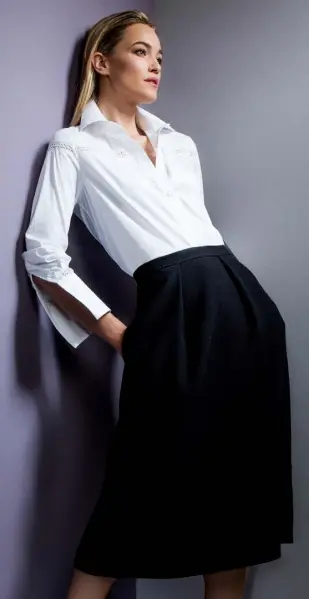  ??  ?? Samantha McCaughren A shirt by Louise Kennedy and Turnbull and Asser, with an Inez black crepe skirt