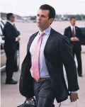  ?? AL DRAGO/NEW YORK TIMES FILE PHOTO ?? Donald Trump Jr. arrives April 16 at Joint Base Andrews in Maryland. Email exchanges reviewed by The New York Times and ProPublica show just how eager Donald Trump Jr. was to accept what he was explicitly told was the Russian government’s help.