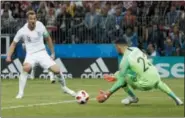  ?? ALASTAIR GRANT — ASSOCIATED PRESS ?? England’s Harry Kane plays the ball against the goal post against Croatia on July 11 in Moscow.