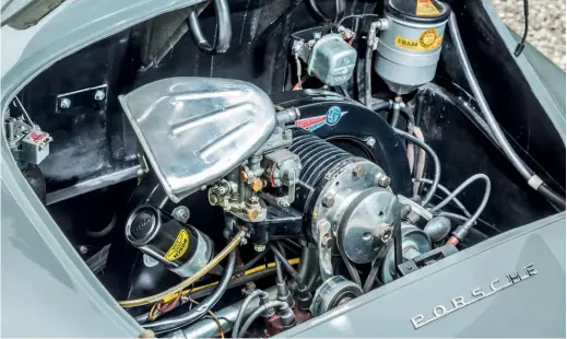  ??  ?? Below: Not your average Porsche 356 engine bay. Supercharg­er sits atop an inlet manifold from an industrial engine. Air scoop is a one-off to reduce overall height