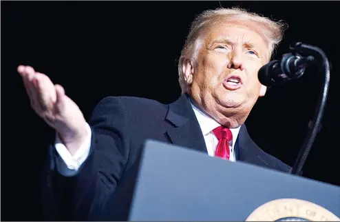  ??  ?? President Donald Trump speaks during a campaign rally at John Murtha Johnstown-Cambria County Airport on Oct 13 in Johnstown, Pennsylvan­ia. (AP)