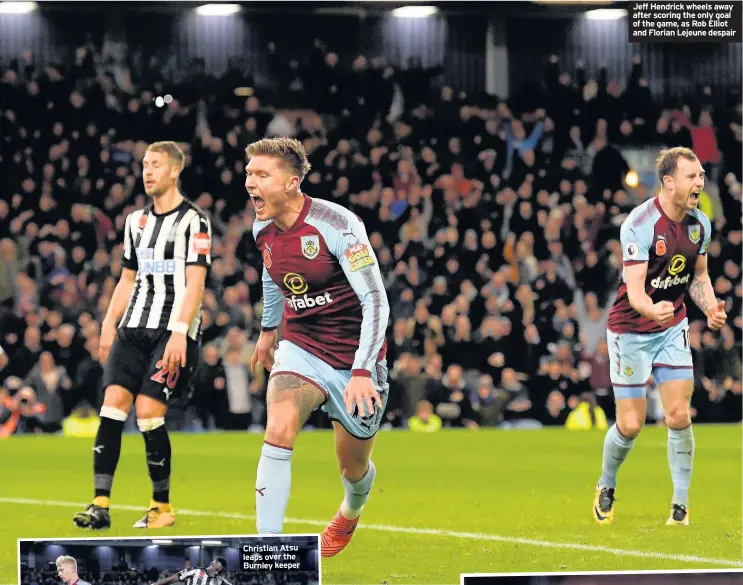  ??  ?? Jeff Hendrick wheels away after scoring the only goal of the game, as Rob Elliot and Florian Lejeune despair