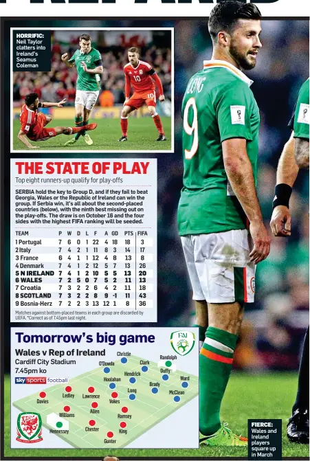  ??  ?? Neil Taylor clatters into Ireland’s Seamus Coleman Wales and Ireland players square up in March FIERCE: