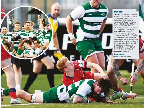  ?? PICTURES: Getty Images ?? Star man: Guy Thompson scores Ealing’s fifth try. Inset, captain Rayn Smid with the trophy