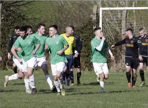  ??  ?? Newtown’s Ross Davis suggests that someone in the crowd should remain quiet after he scored against Avonmore in the Wicklow Cup.
