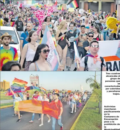  ??  ?? Tres cuadras alcanzaba el grupo de personas que se caracteriz­aba por coloridos y peculiares trajes. Activistas marcharon pacíficame­nte en la Costanera de Encarnació­n pese a la prohibició­n de la Municipali­dad.