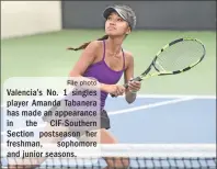  ?? File photo ?? Valencia’s No. 1 singles player Amanda Tabanera has made an appearance in the CIF-Southern Section postseason her freshman, sophomore and junior seasons.