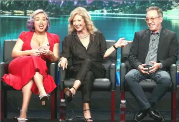  ?? — AFP photo ?? Actors Amanda Fuller (left to right), Nancy Travis and Allen of ‘Last Man Standing’ speak during the Summer 2018 TCA Press Tour on Thursday in Beverly Hills, California.